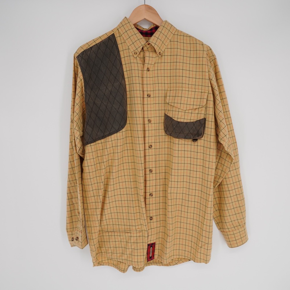 Braeval Tiera Shooting Button Down Shirt Mens M Gold Plaid Quilted Pockets